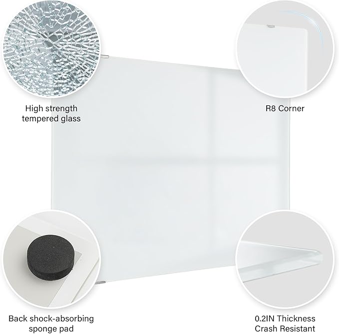 Wall-Mounted Magnetic Tempered Glass White Board Frameless Dry Erase Board Wall Mounted Ideal for Office Classroom School Kitchen and Home，Durable Whiteboard Frameless (24''X18'')