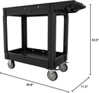 2 Tier Plastic Rolling Cart Utility Cart on Wheels, Heavy Duty Tool Carts with Ergonomic Storage Handle and Deep Shelfs, Work Cart Service Cartss for Garage, Warehouse, Workshop, Office, Cleaning