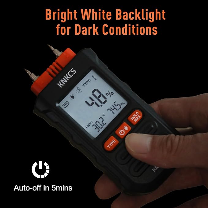 Wood Moisture Meter for Lumber - Ideal Moisture Meter for Wood, Firewood, Lumber, Bricks, Floors, Drywall - Accurate to 0.1% with Backlit LCD, Temperature & Humidity Display