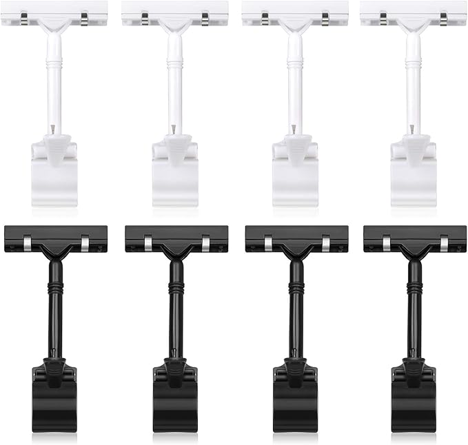 Mlici Sign Clips Merchandise Sign, Plastic Adjustable Clip Sign Holder Stand POP Clamp, 8 Pieces Clip-on Style Double Head Display Clips Rotating Swivel Sign Tag for Shelf Label Card
