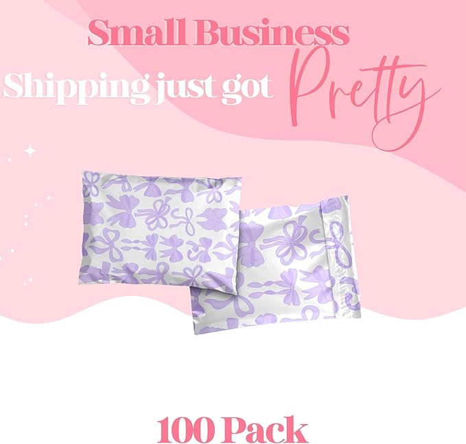 14.5x19 Designer Poly Mailer 100 Pack Heavy Duty Waterproof Self Seal Shipping Bags for Small Business Large Mailing Envelopes Bulk Tear Resistant Packaging Purple Bows
