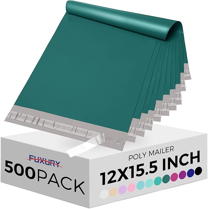 Fuxury Poly Mailers 12x15.5 Inch 500 Pcs, Bulk Shipping Bags for Clothing, Strong Adhesive Shipping Envelopes for Small Business Suppliers,Waterproof Mailers Poly Bags Mailing Envelopes Forest Green
