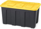 HOMZ 4-Pack Durabilt Tote, Heavy Duty Plastic Storage Bins with Lids, 34 Gallon, Black/Yellow - Stackable Organizing Containers for Home, Garage, and Office