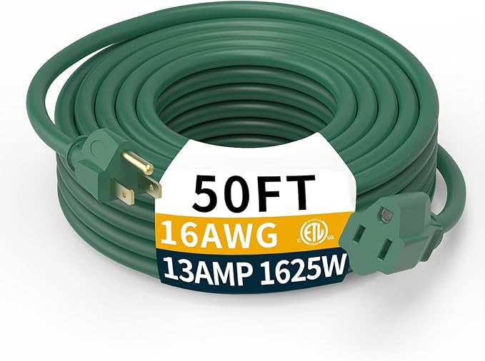 50FT 16/3 Gauge Green Outdoor Extension Cord Waterproof Heavy Duty, 3 Prong Cold Weatherproof -40℉ Flexible Power Cord, 13A 1625W SJTW ETL Listed for Lawn Mower, Christmas Lights, Tools
