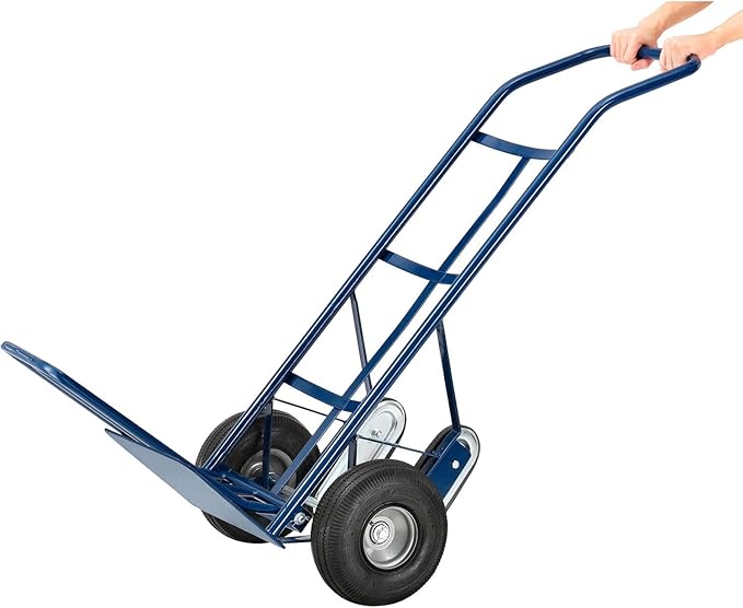 Global Industrial General Purpose Steel Hand Truck with Curved Handle & Stair Climbers, 10" Diameter Pneumatic Wheels, 14" W x 10" L Noseplate, 600 Lb. Capacity