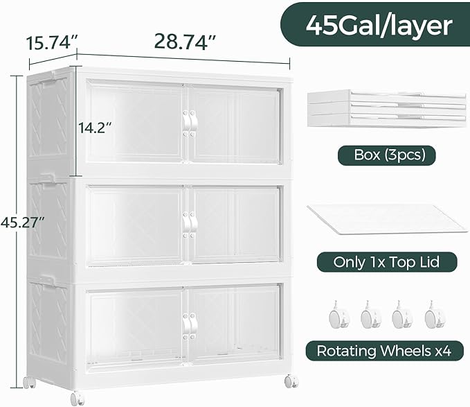 135Gal Stackable Storage Bins with Lid and Wheels, 540QT Plastic Collapsible Storage Boxes with Doors, Closet Organizer and Storage Cabinet for Home Kitchen Office Dorm Room, 3Pack White