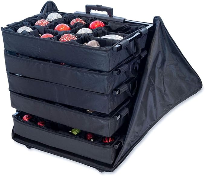 [TreeKeeper Telescoping Christmas Ornament Storage Box with Dividers] - Adjustable Organizer Holds 120 Ornaments up to 4 Inches Tall by Nearly Any Width and Length | 5 Removable Trays with Separators