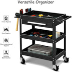 ERGOMASTER Metal Service Utility Cart with Wheels - 500LBS Tool Cart Heavy Duty Rolling 3-Tier Storage Organizer, for Garage Industrial Cart -Black