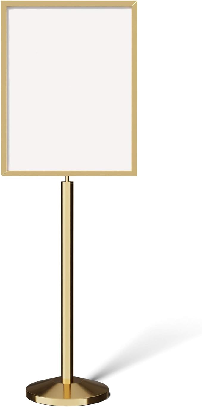 Crowd Control Warehouse Pedestal Standing Floor Sign Frame with Sloped Base, 22 x 28 Inch Vertical, Polished Brass- CCW Series SFFS-100