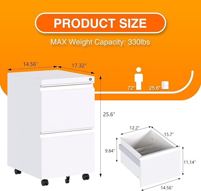 Aobabo 2 Drawer File Cabinet, Metal Filing Cabinet with Lock for Office Legal/Letter Size, White, Fully Assembled Except Wheels