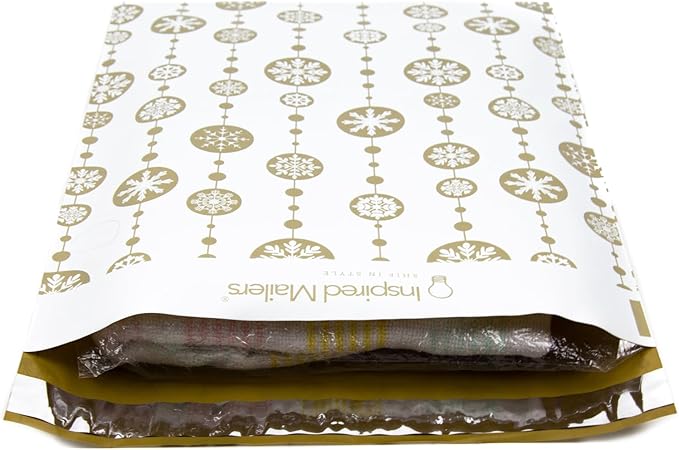 Inspired Mailers - Poly Mailers 10x13-100 Pack - Snowflake Baubles (Gold) - Holiday Poly Mailers - 10x13 Shipping Envelopes - Christmas Packaging Bags