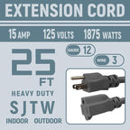 12 Gauge Indoor Outdoor Heavy Duty Grey Extension Cord 25 FT, 12 AWG SJTW Electrical Cable, Weather-Resistant Power Cord, Great for Gardenfor, Offices and Lawns