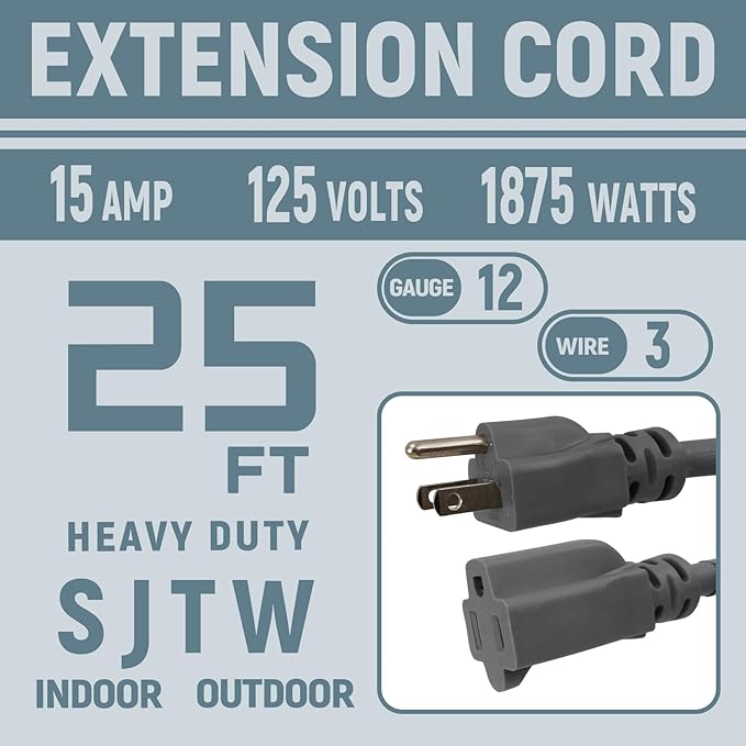 12 Gauge Indoor Outdoor Heavy Duty Grey Extension Cord 25 FT, 12 AWG SJTW Electrical Cable, Weather-Resistant Power Cord, Great for Gardenfor, Offices and Lawns