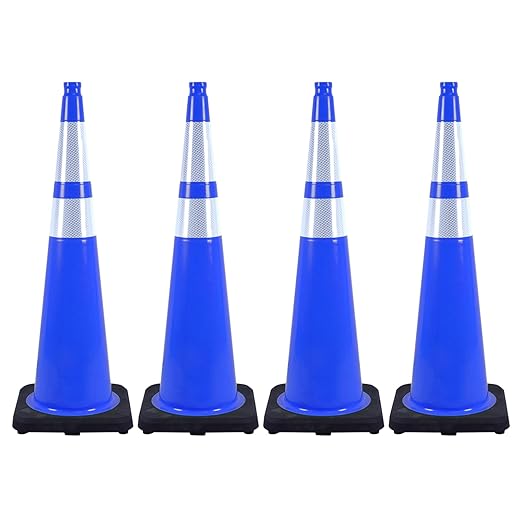 4 Pack 36 Inch Blue Traffic Cones Black Base, Tall Durable Safety Cones for Driveway Control, Event Organization, Construction Zones (4, Blue, 36 Inch)
