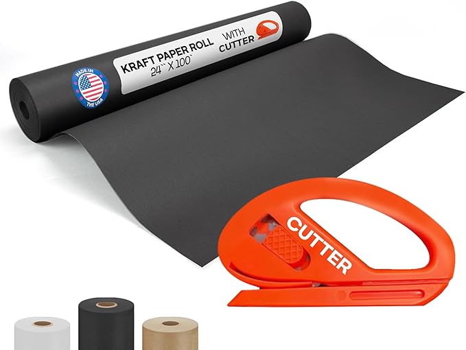 Black Kraft Paper Roll 24" x 1200" (100 feet) with Cutter- USA-Made Wrapping Paper for Packing, Moving, Shipping & Crafts/Arts - 100% Recyclable Natural Craft Material by IDL Packaging