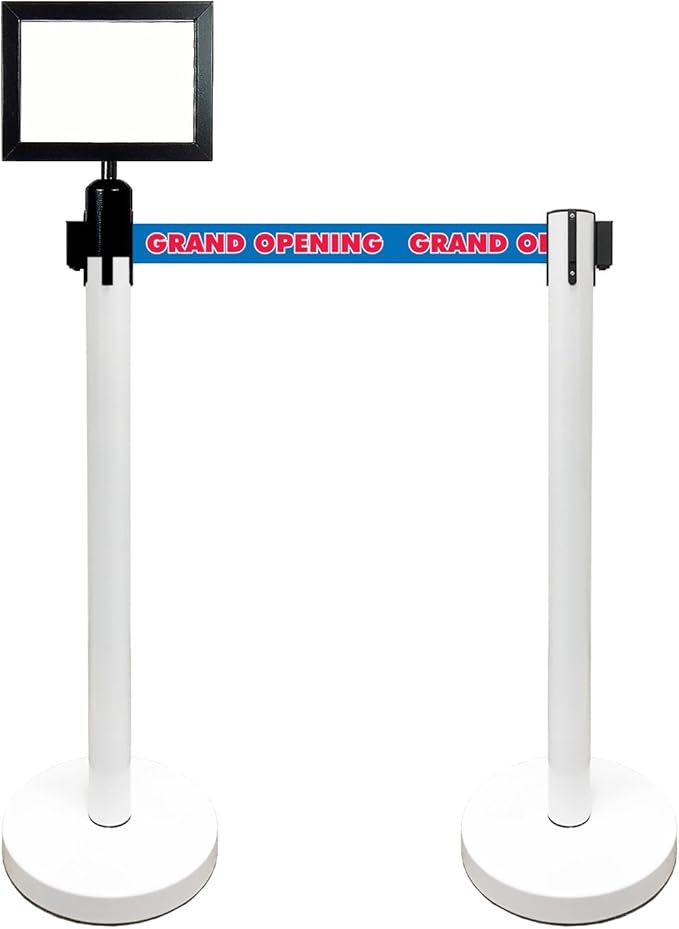 Retractable Stanchion, 6 SPECIALTY Posts + Signframe, 36" Ht, 78" Special Event & Holiday Theme Belt + Bonus Replacement Cassettes + Wall Receiver (WHT Post/Grand Opening Belt)
