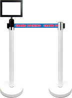 Retractable Stanchion, 6 SPECIALTY Posts + Signframe, 36" Ht, 78" Special Event & Holiday Theme Belt + Bonus Replacement Cassettes + Wall Receiver (WHT Post/Grand Opening Belt)