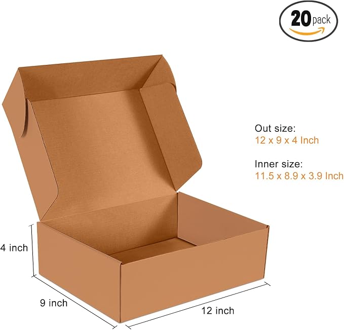12x9x4 inch Shipping Boxes Set of 20, Brown Corrugated Cardboard Box Literature Mailer for Mailing Packing Moving and Storage