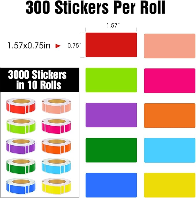 3000 PCS 10 Rolls Rectangular Color Coding Stickers 1.57 x 0.75 Inch Self-Adhesive Color Coding Label 10 Assorted Colors for Inventory and Home Organize, File Classification