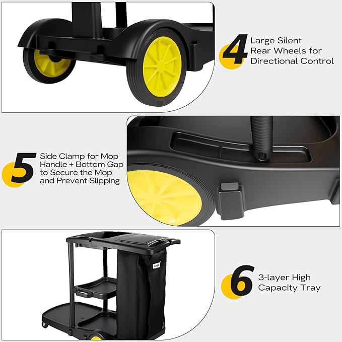 ALANNG Cleaning Cart for Housekeeping & Commercial Use, Janitorial Service Cart with 15 Disposable Trash Bags, Hotel Office School Cleaning Trolley (Black, 1 Pack)