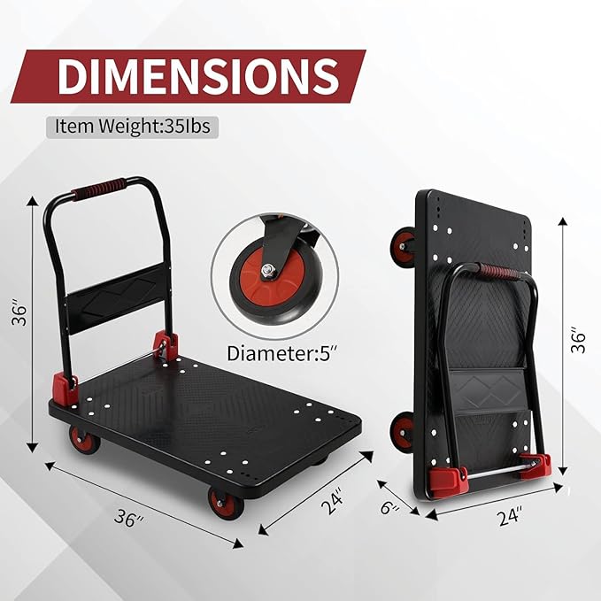 Platform Truck Push Cart Dolly, Foldable Hand Trucks with 1000LB Weight Capacity 36x24Inch Large Size for Easy Storage and 360 Degree Swivel Wheels