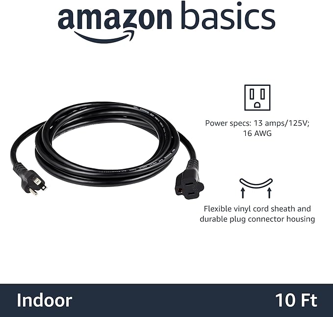 Amazon Basics Extension Cord, 13 Amps, 125V, 10 Foot, Black - Pack of 2