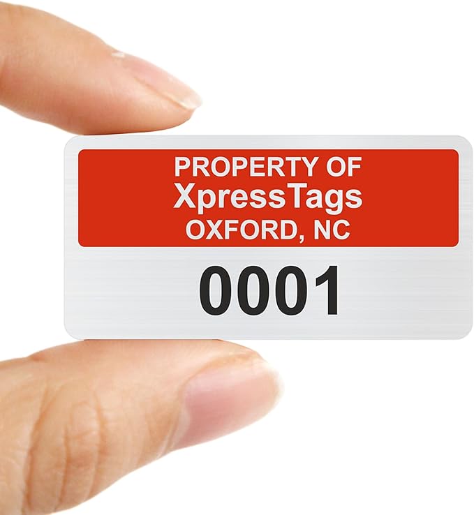 XpressTags 1" x 2" Custom Asset Tags with Consecutive/Serial Number, Fixed Inventory Asset Labels, Brushed Metalized Silver Polyester Stickers - Pack Sizes 100 to 5000, Made in USA