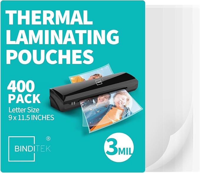 Binditek 400 Pack 3 Mil Thermal Laminating Pouches, 9x11.5 Inches Laminating Sheets, for Letter Size, Ultra Clear, Glossy, Hold 8.5x11 Inches, Heat Seal, School Office Supplies
