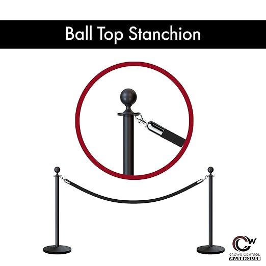 Montour Line Cline Post and Rope Stanchion Set - Elegant Black Design with Sloped Base and Ball Top - Includes (2) Posts