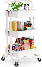 Pipishell 3 Tier Mesh Utility Cart, Rolling Metal Organization Cart with Handle and Lockable Wheels, Multifunctional Storage Shelves for Kitchen Living Room Office White