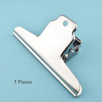 HAHIYO 5.7inch Silver Bulldog Clips Metal File Hinge Binder Clamps Save Space Strong Spring Jaws Rock Solid Grip Book Lay Flat Deburred Edge for Hang Photos Wall Grid Dog Food 5PCS