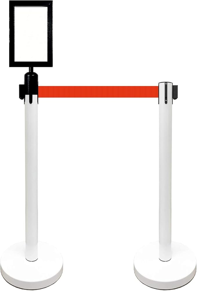 Retractable Stanchion, 6 SPECIALTY Posts + Signframe, 36" Ht, 78" Special Event & Holiday Theme Belt + Bonus Replacement Cassettes + Wall Receiver (WHT Post/Red Belt)