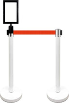 Retractable Stanchion, 6 SPECIALTY Posts + Signframe, 36" Ht, 78" Special Event & Holiday Theme Belt + Bonus Replacement Cassettes + Wall Receiver (WHT Post/Red Belt)