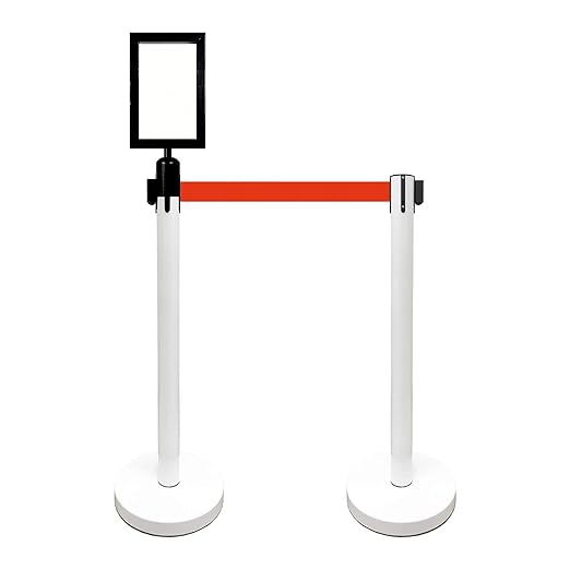 VIP Crowd Control Retractable Belt Stanchion Queue Safety Barrier Set, 36" Ht, 78" Belt + Wall Bracket (6 WHT Posts Red Belt + SFrame + WBracket)