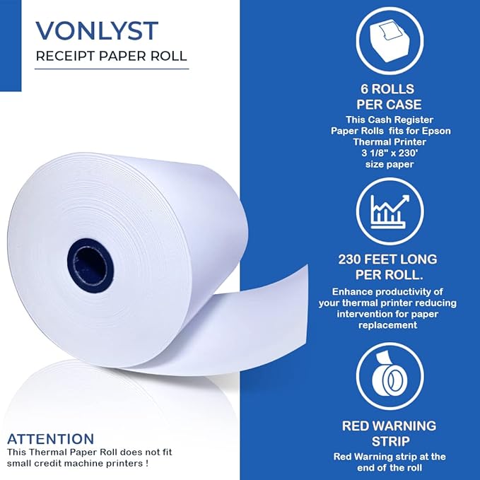 3 1/8 x 230 Thermal Paper Receipt Roll for Epson Printer (Pack 12 rolls)