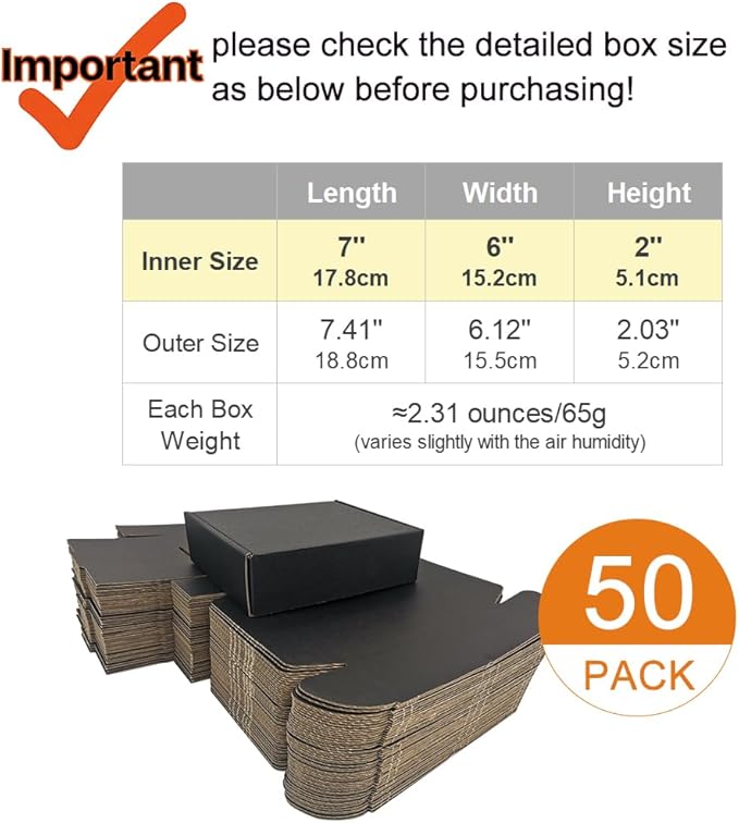 50 Pack 7x6x2'' Small Shipping Boxes, Corrugated Cardboard Mailers for Business, Black (CM762B)
