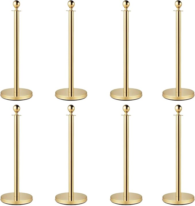 8PCS Gold Stanchion Posts with 5FT Red Velvet Ropes, Stainless Steel Crowd Control Barriers with Ball Tops, Elegant Queue Stanchions for Red Carpet, Party, Wedding, Theater & Exhibition