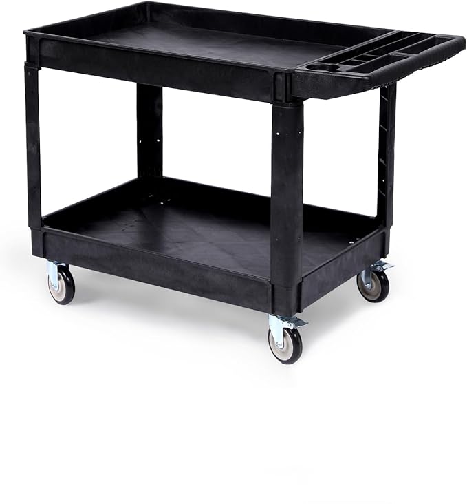 Industrial 2-Shelf Rolling Cart, 550 lbs Capacity Utility Cart with Locking Wheels, Large Plastic Service Cart for Warehouse Garage Workshop Kitchen Commercial Use, Black