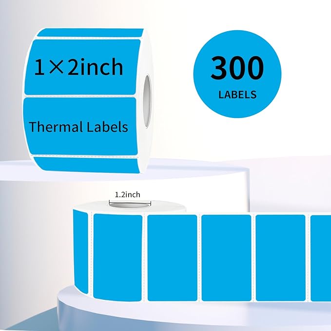 2x1 Inch Thermal Labels, Blue Thermal Printer Stickers, Waterproof Self-Adhesive Shipping Label Printer Sticker for Barcode, Name, Address, 300 Labels/Roll