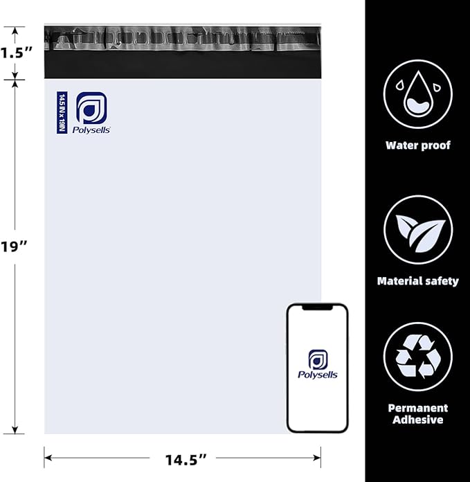 POLYSELLS Poly Mailers Shipping Envelopes, Strong Adhesive Sealing, Waterproof, and Tear-resistant Postal Mailing Bags. Mailer Bags for clothing, books, and accessories. (White, 14.5x19 Inch, 1000 pc)