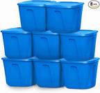 HOMZ 8-Pack Durable Molded Bin, Plastic Storage Containers with Lids, 18 Gallon, Blue - Stackable Organizer Totes and Boxes for Bedroom, Kitchen, and Garage Organization