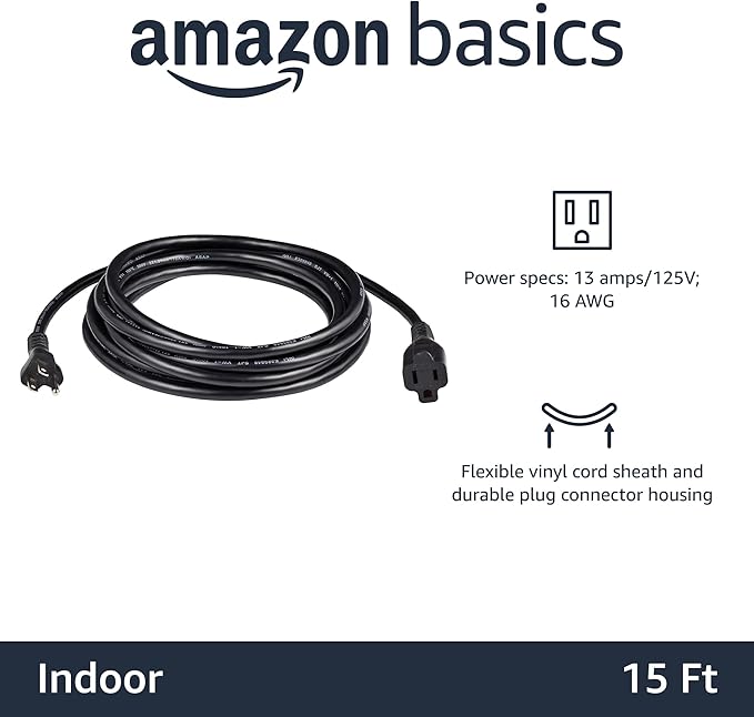 Amazon Basics Extension Cord, 15 Ft, 3 Prong Outlet Extender, Indoor Extension Cord, 13 Amps, 125V, Black