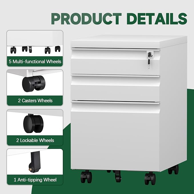 3 Drawer File Cabinet on Wheels,25.6" H White Filing Cabinet with Lock,Under Desk Metal File Cabinet for Home Office Organizer Letters/Legal/A4(Assembly Required)