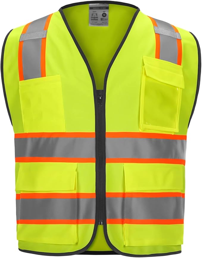 9 Pocket High Visibility Class 2 Safety Vest with 2 Inch Wide Reflective Strips Zipper Construction Work Vest for Men & Women Lime, 5XL