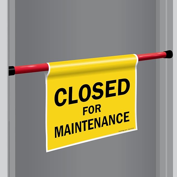 SmartSign "Closed For Maintenance" Hanging Doorway Barricade Sign, Spring-loaded Adjustable Twist-To-Tighten Aluminum Pole & 11.25" x 18" Vinyl Safety Sign Kit, Black/Yellow, USA-Made
