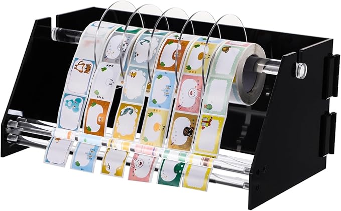 Foldable Acrylic Label Roll Dispenser, Adjustable Black Label Organizer, Holds Multiple Label Rolls, Large Desktop Roll Holder for Workspaces, Homes, Offices