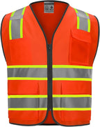 9 Pocket High Visibility Class 2 Safety Vest with 2 Inch Wide Reflective Strips and Zipper Construction - Orange, 4XL