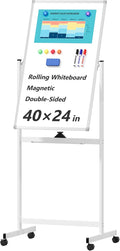 Rolling Whiteboard on Wheels, 40" x 24" Double-Sided Mobile Magnetic White Board with Stand, Portable Standing Dry Erase Board Easel for Home Office Classroom School, Silver