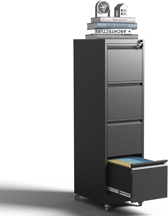 4-Drawer Mobile File Cabinet with Lock and Wheels, Tall Vertical Filing Cabinets Steel Rolling Storage Cabinet for Home Office Legal/Letter/A4 Files, Require Assembly (Black)