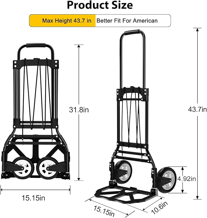 LEVORY J Folding Hand Truck and Dolly, 200 LB Capacity Upgraded Aluminum Dolly Cart, Extended Handle Portable Dolly for Travel, Moving, Shopping, Office Use, Black